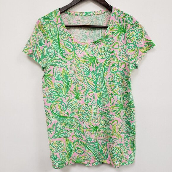 Lilly Pulitzer Womens Etta Scoop Neck Top Size S Green Pineapple Tropical Beach - Picture 1 of 9